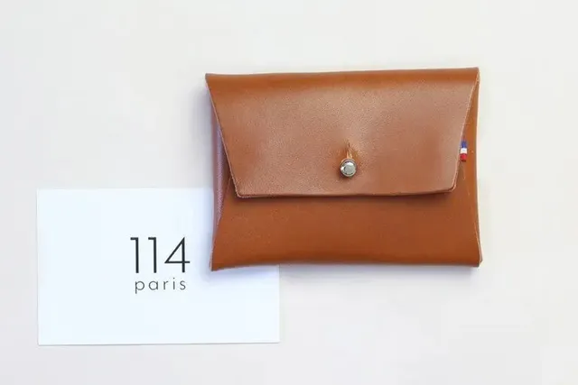 114 Paris Porte-monnaie cuir femme camel origami bouton