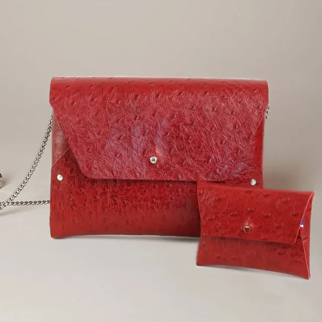 114 Paris Pliage mini sac cuir autruche rouge + porte-monnaie
