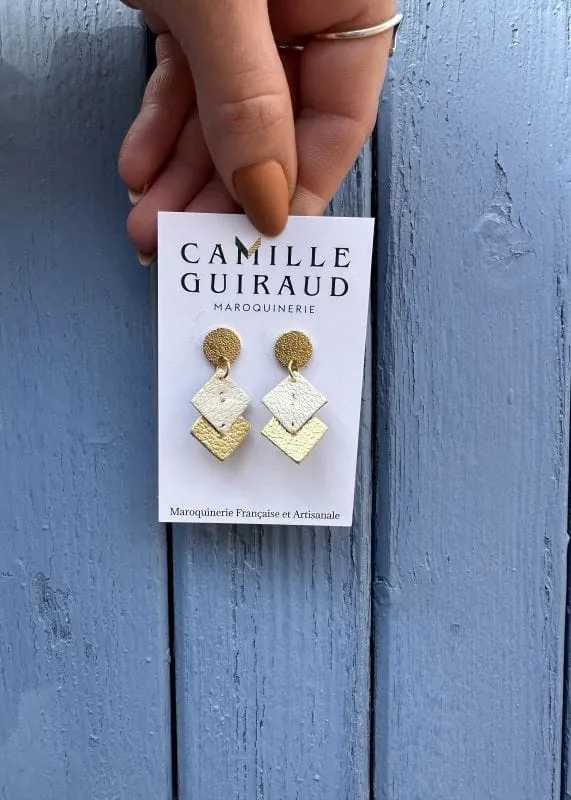 Camille Guiraud Boucles rondes blanc doré cuir acier inox
